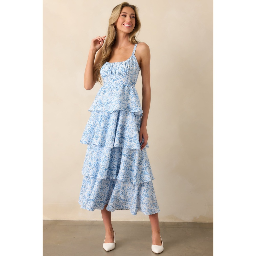 Mine Tiered Floral Ruffle Dress Blue White Bow Back Cutout Midi Sleeveless L